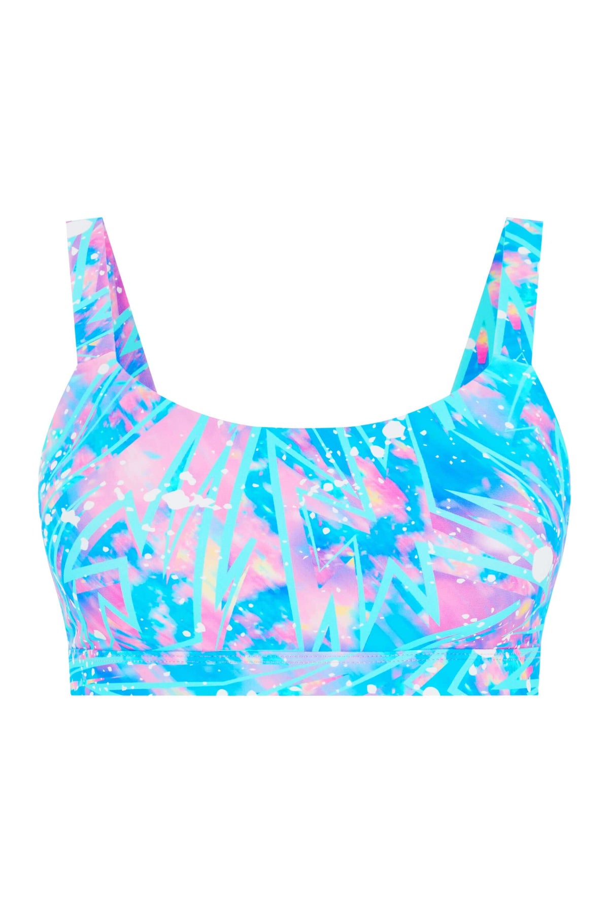Blue and Pink Cosmic Bolt fitness bikini top sustainable swimwear by Tide and Seek Product Shot