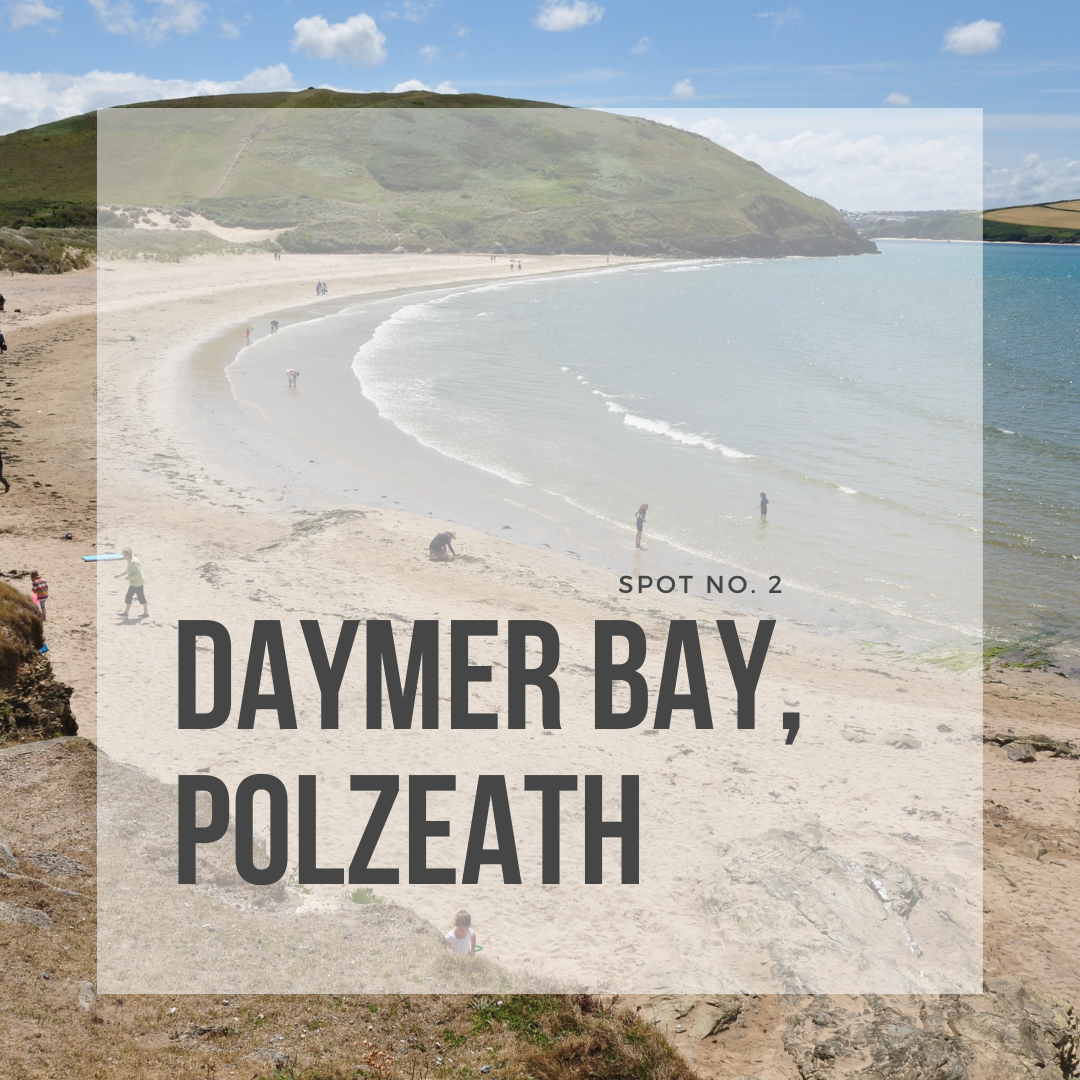 Tide and Seek Sustainable swimwear blog post image of Daymer Bay in Polzeath Cornwall, with overlay text saying 'Spot No. 2: Daymer Bay, Polzeath'.