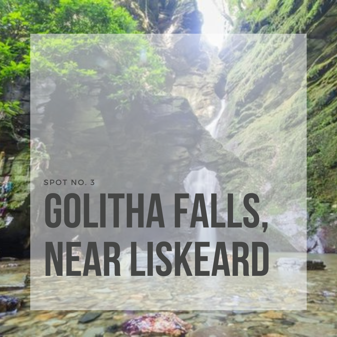 Tide and Seek Sustainable swimwear blog post image of Golitha Falls with overlay text saying 'Spot No.3: Golitha Falls, near Liskeard'