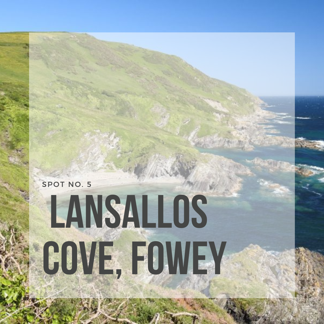 Tide and Seek Sustainable swimwear blog post image of  the lush Lansallos Cove, Fowey in Cornwall with overlay text saying 'Spot No.5: Lansallos Cove, Fowey'.