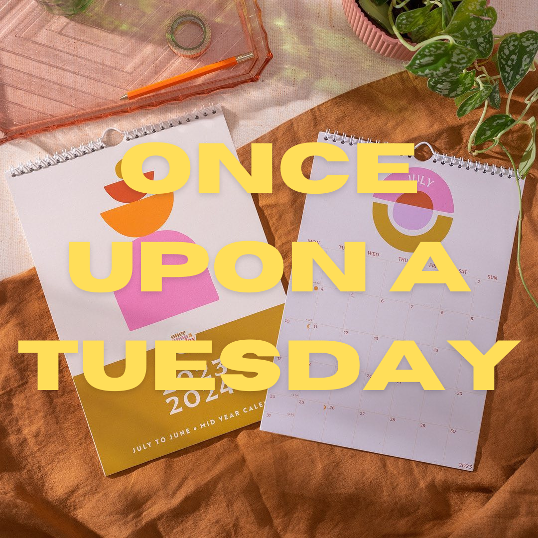 Blog Post about top ten independent female owned businesses written by Tide and Seek Sustainable swimwear - image of Once Upon a Tuesday 2023/2024 calendar with 'Once Upon a Tuesday' written across the image in lemon yellow  