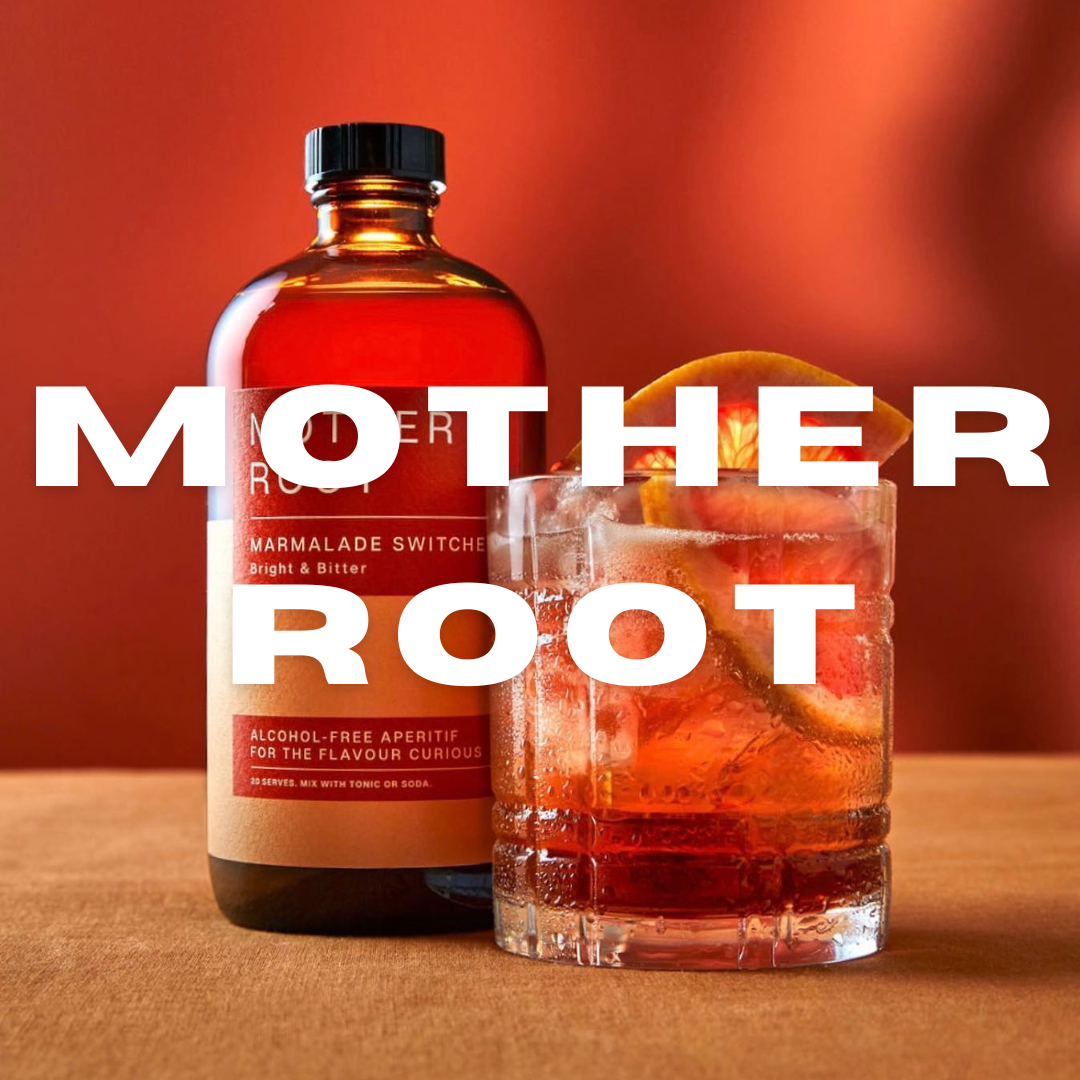 Blog Post top ten independently owned female businesses written by Tide and Seek sustainable Swimwear - image of Mother Root London Marmalade switchel bottle next to tumbler with ice and orange slice in. Blood orange background with 'Mother Root' in white written over the top.
