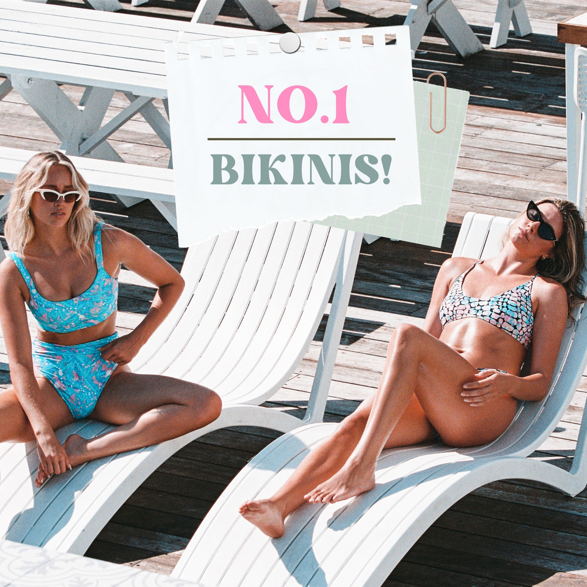 Tide and Seek sustainable swimwear What to pack for a trip to Ibiza blog post - item 1 bikinis! Two models lounge on sunbed next to a pool enjoying the sunshine in Tide and Seek bikinis.
