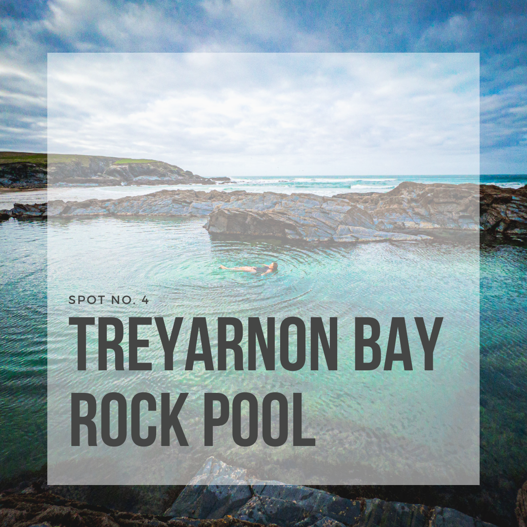 Tide and Seek Sustainable swimwear blog post image of Treyarnon Bay Rock Pool in Cornwall with overlay text saying 'Spot No.4: Treyarnon bay rock pool'