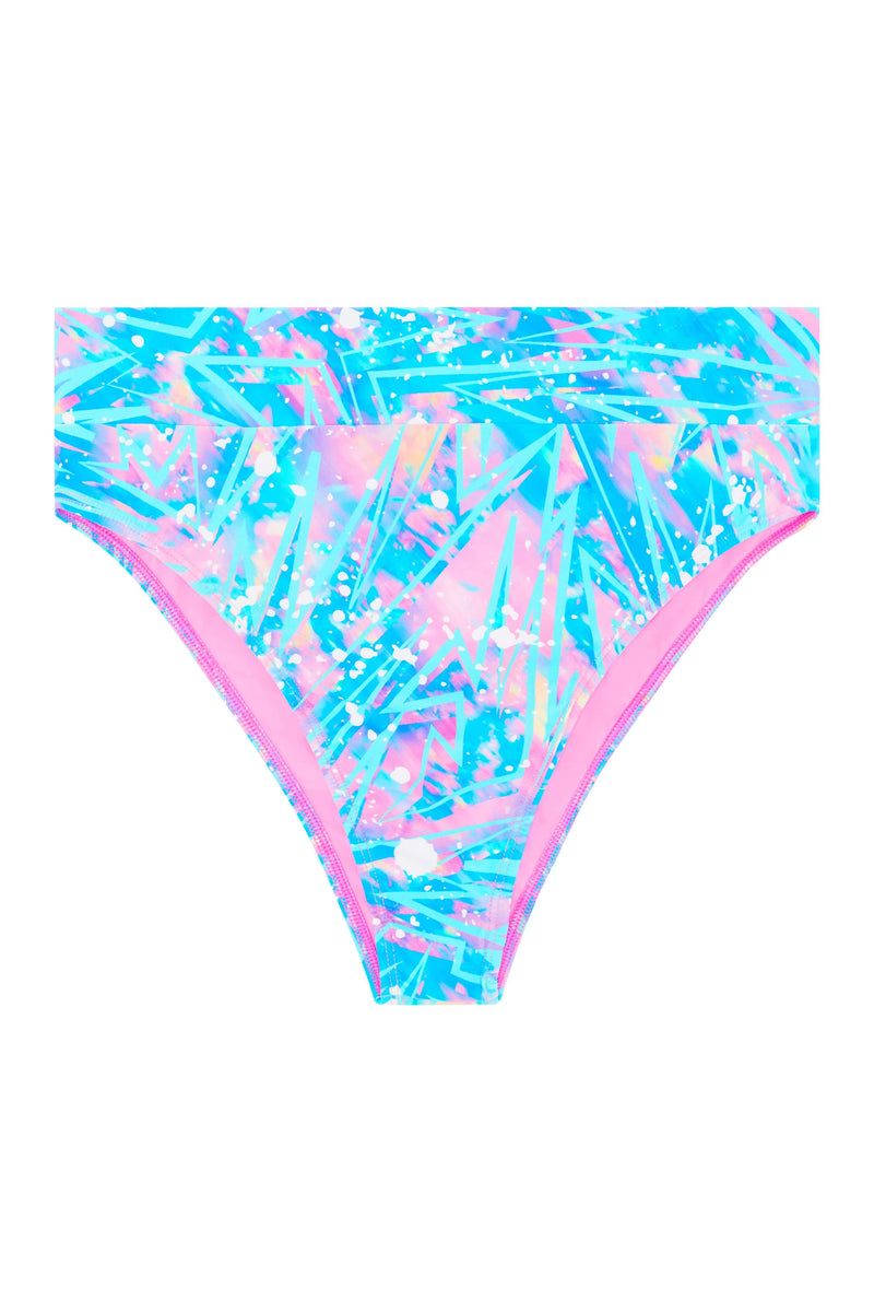 Pink and Blue Product Shot Cosmic Bolt High Waisted bikini bottoms sustainable swimwear By Tide + Seek