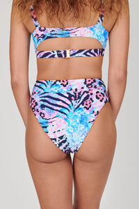 Tide + Seek Sustainable swimwear model wearing our Jungle Disco High Waisted Bikini Bottoms