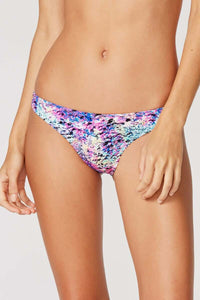 Tide + Seek Sustainable swimwear model wearing Purple Lava Cheeky Coverage Bikini Bottom front view